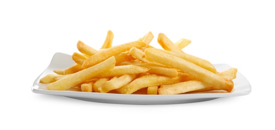 Plate of tasty French fries on white background