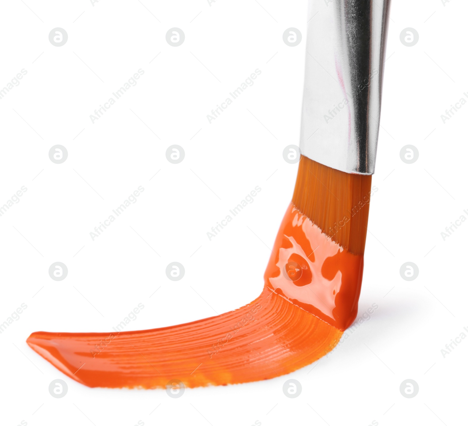 Photo of Brush with color paint and stroke on white background