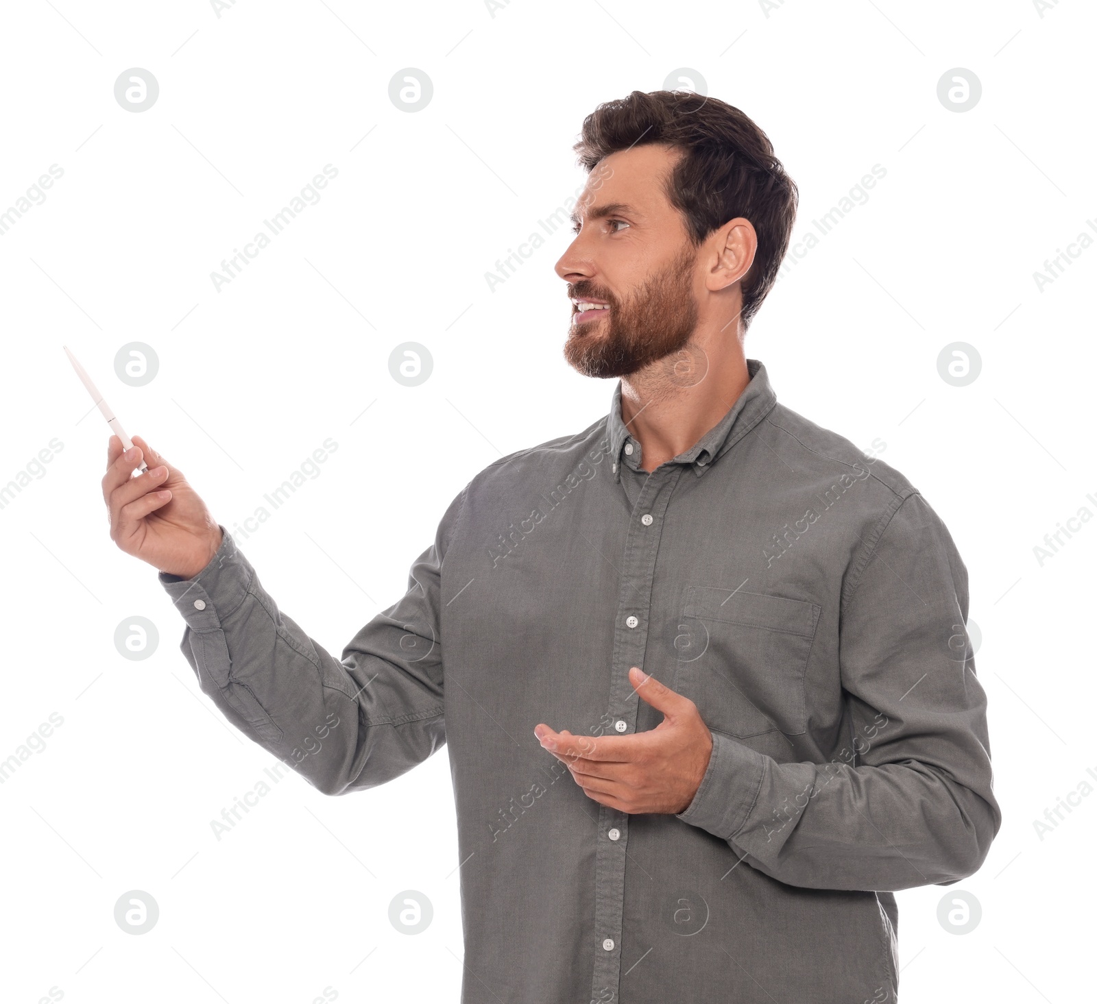 Photo of Handsome man gesturing on white background. Weather forecast reporter