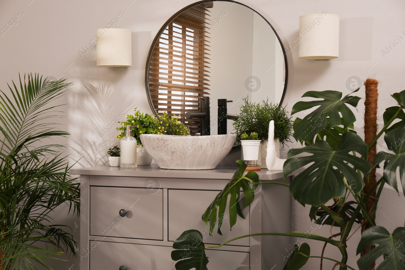 Photo of Stylish bathroom interior with modern furniture and beautiful green houseplants