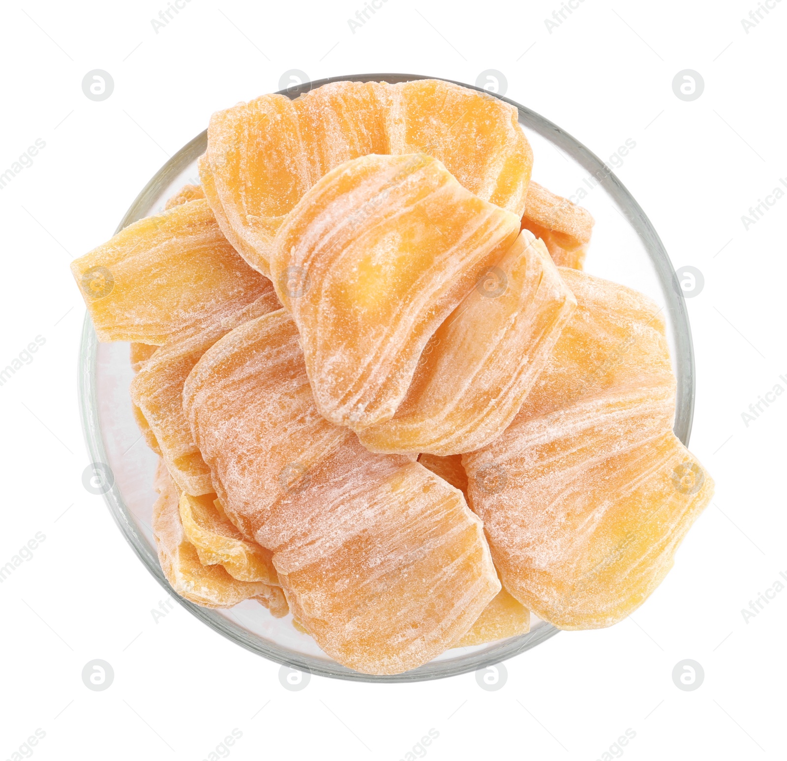 Photo of Delicious dried jackfruit slices in bowl isolated on white, top view