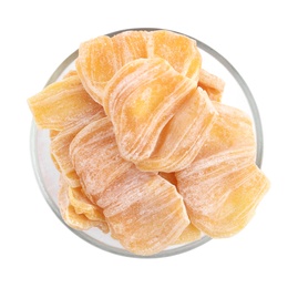 Photo of Delicious dried jackfruit slices in bowl isolated on white, top view