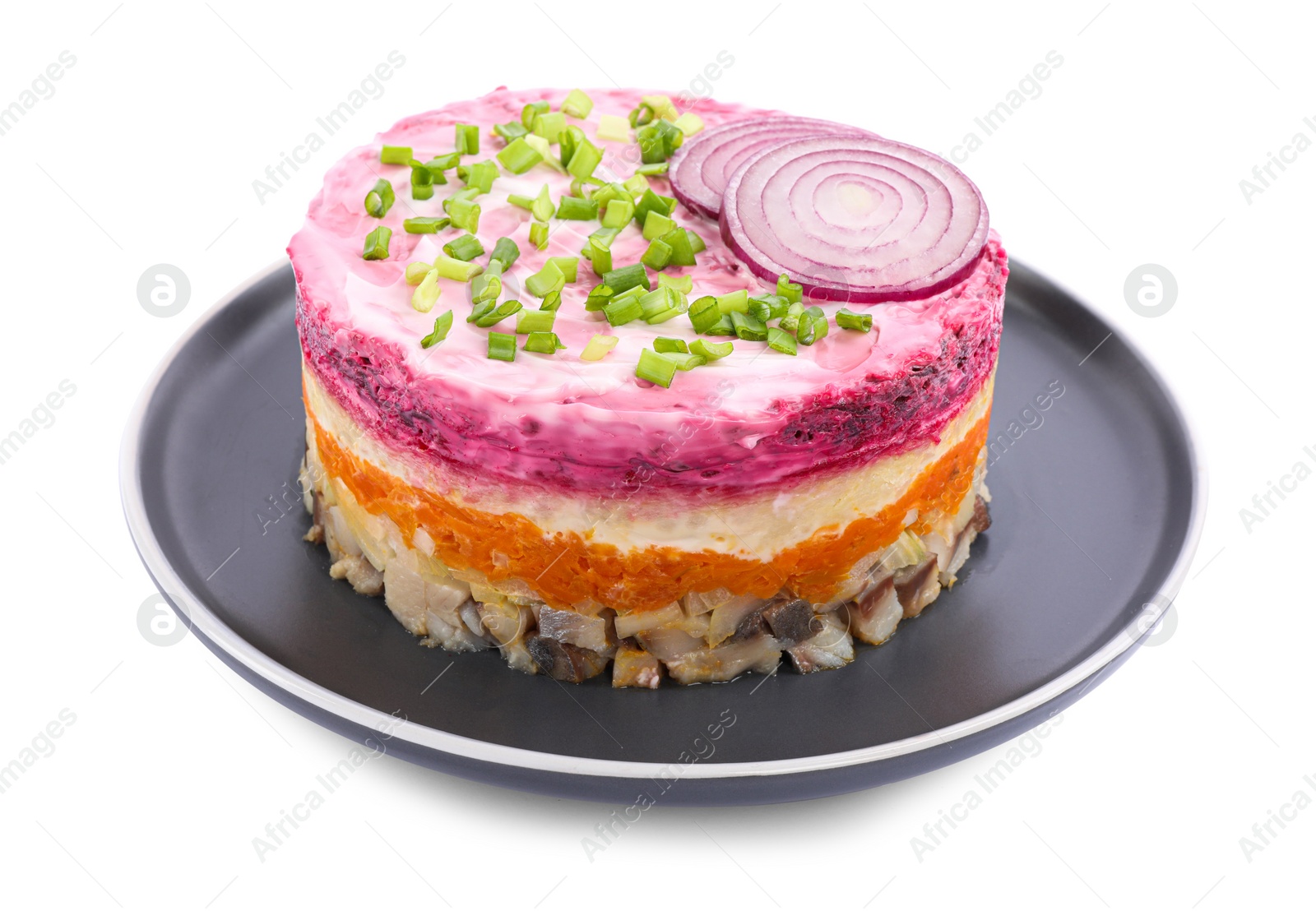 Photo of Herring under fur coat salad isolated on white. Traditional Russian dish