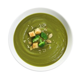 Dish with broccoli cream soup on white background, top view. Healthy food