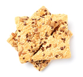 Photo of Grain cereal cookies on white background. Healthy snack