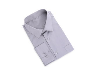 Photo of Stylish shirt isolated on white, top view. Dry-cleaning service