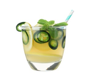 Spicy cocktail with jalapeno, lemon and mint isolated on white