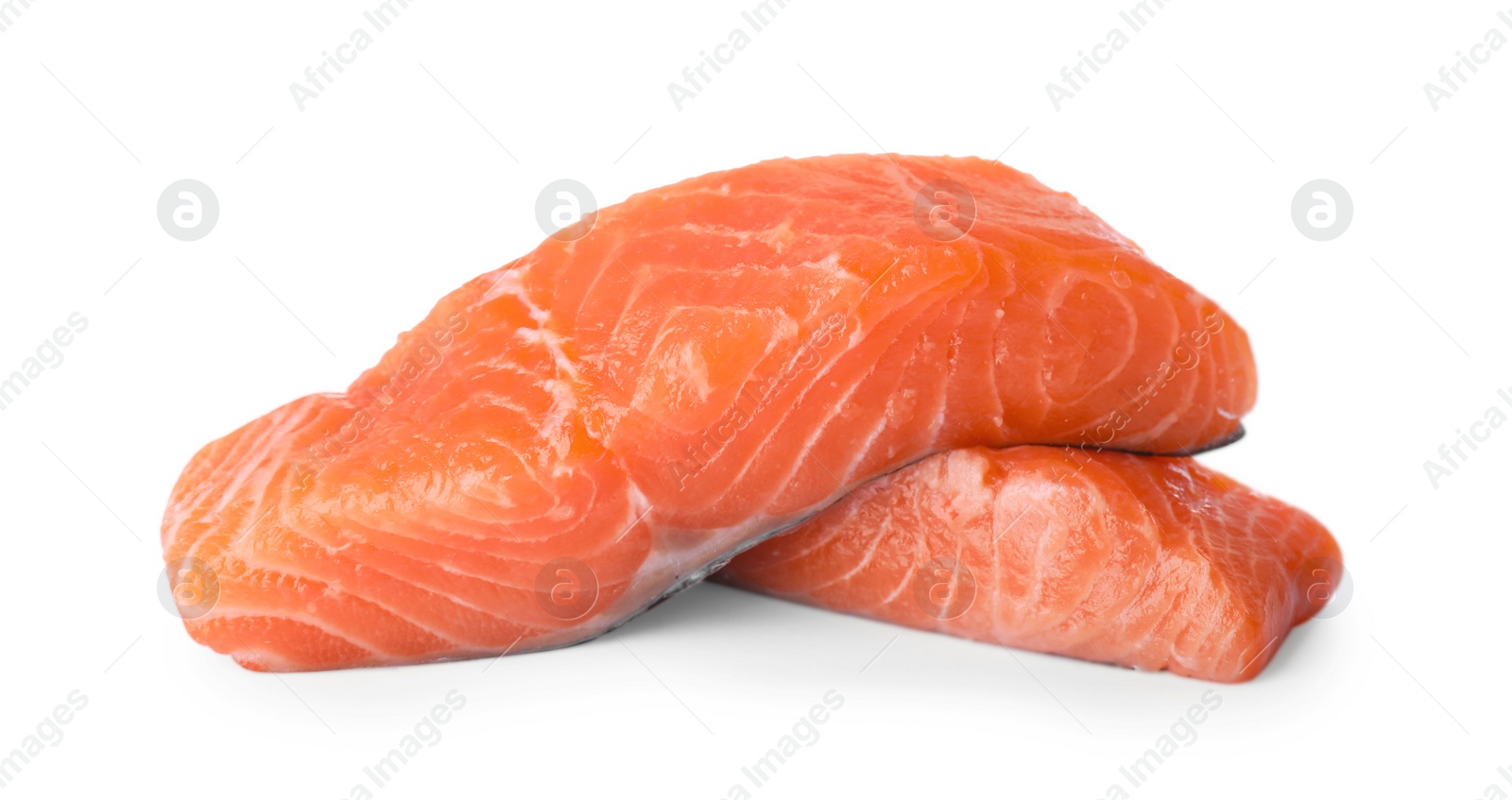 Photo of Pieces of fresh raw salmon isolated on white