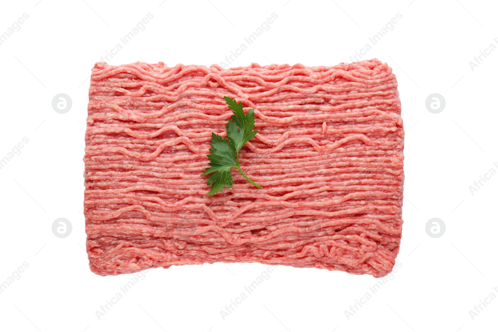 Photo of Raw fresh minced meat with parsley isolated on white, top view