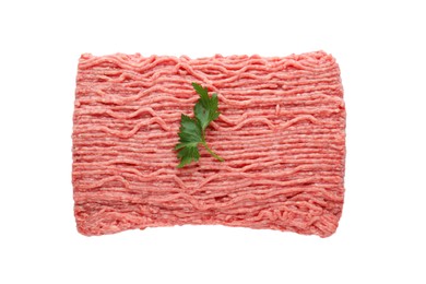 Photo of Raw fresh minced meat with parsley isolated on white, top view