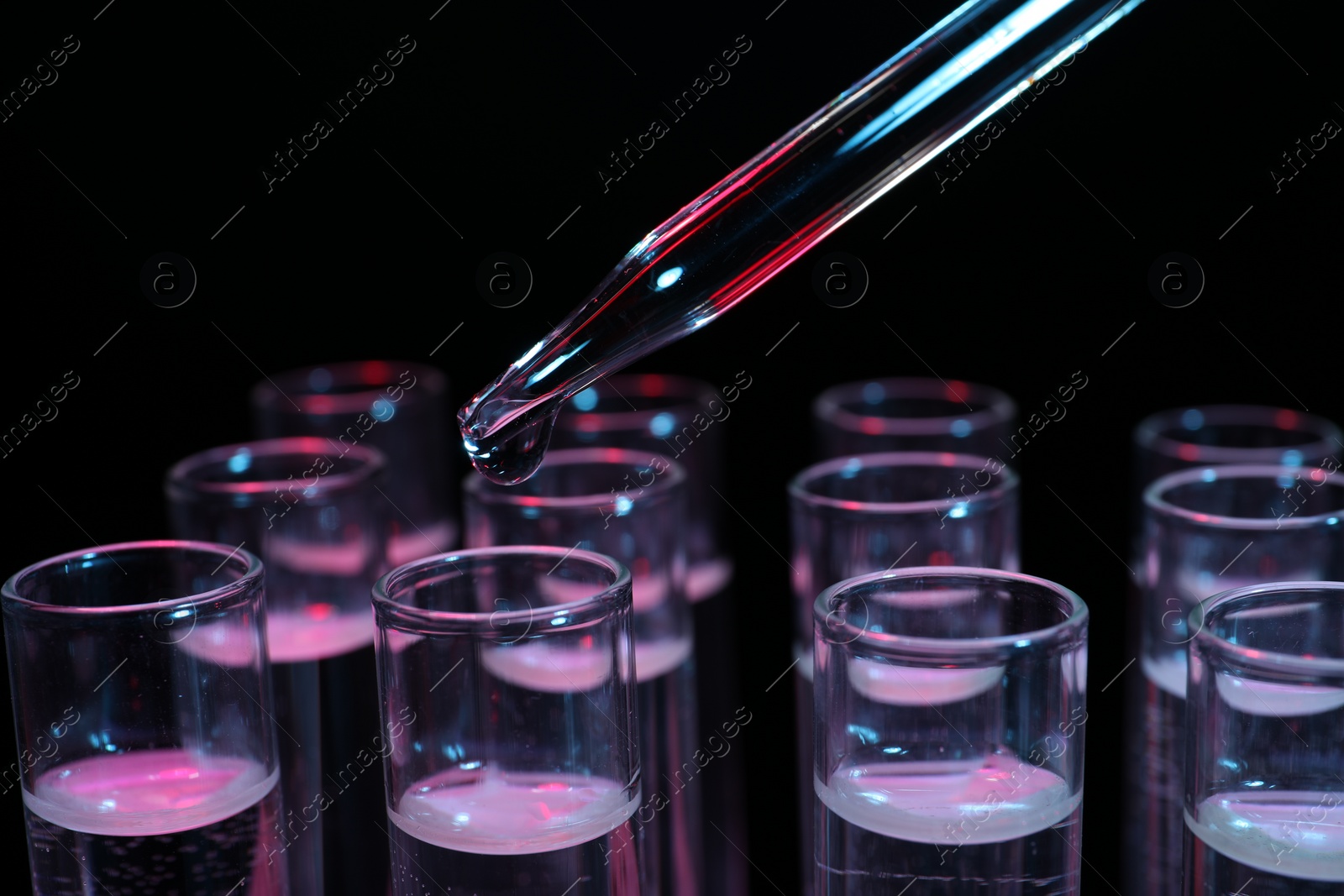 Photo of Dripping reagent into test tube on black background, closeup. Laboratory analysis