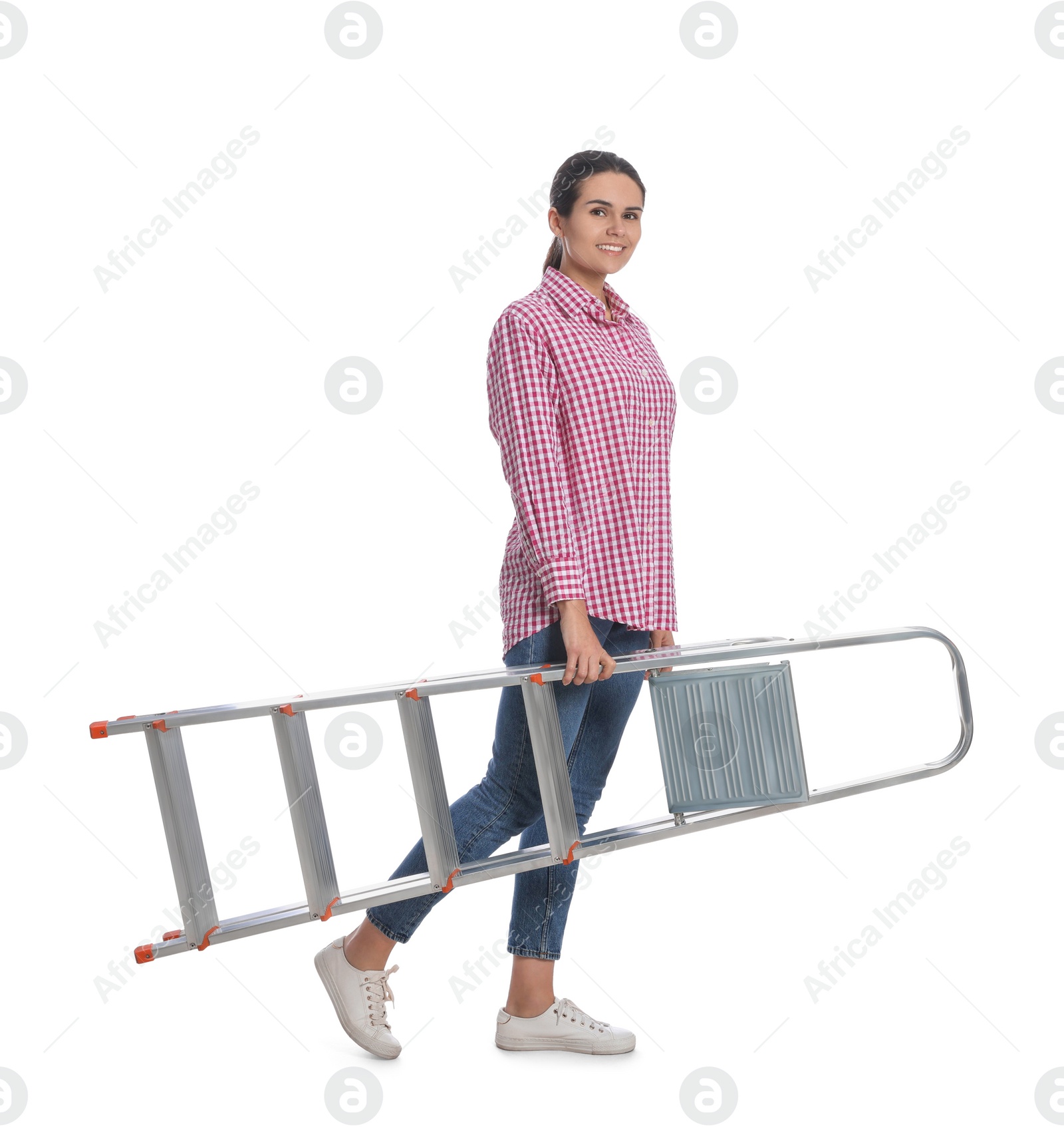 Photo of Young woman holding metal ladder on white background