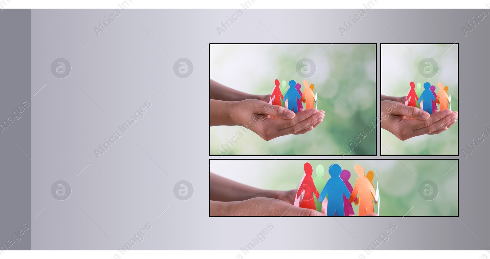 Image of Partnership, union and togetherness. Collage with photo of woman holding paper humans joined in circle on light grey background, banner design