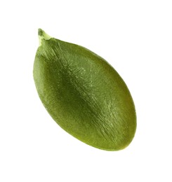 Photo of One peeled pumpkin seed isolated on white, top view