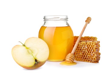 Natural sweet honey and tasty fresh apple on white background