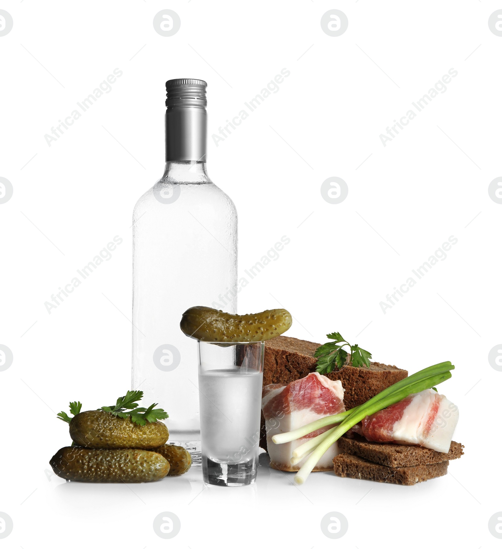 Photo of Russian vodka and different appetizers isolated on white