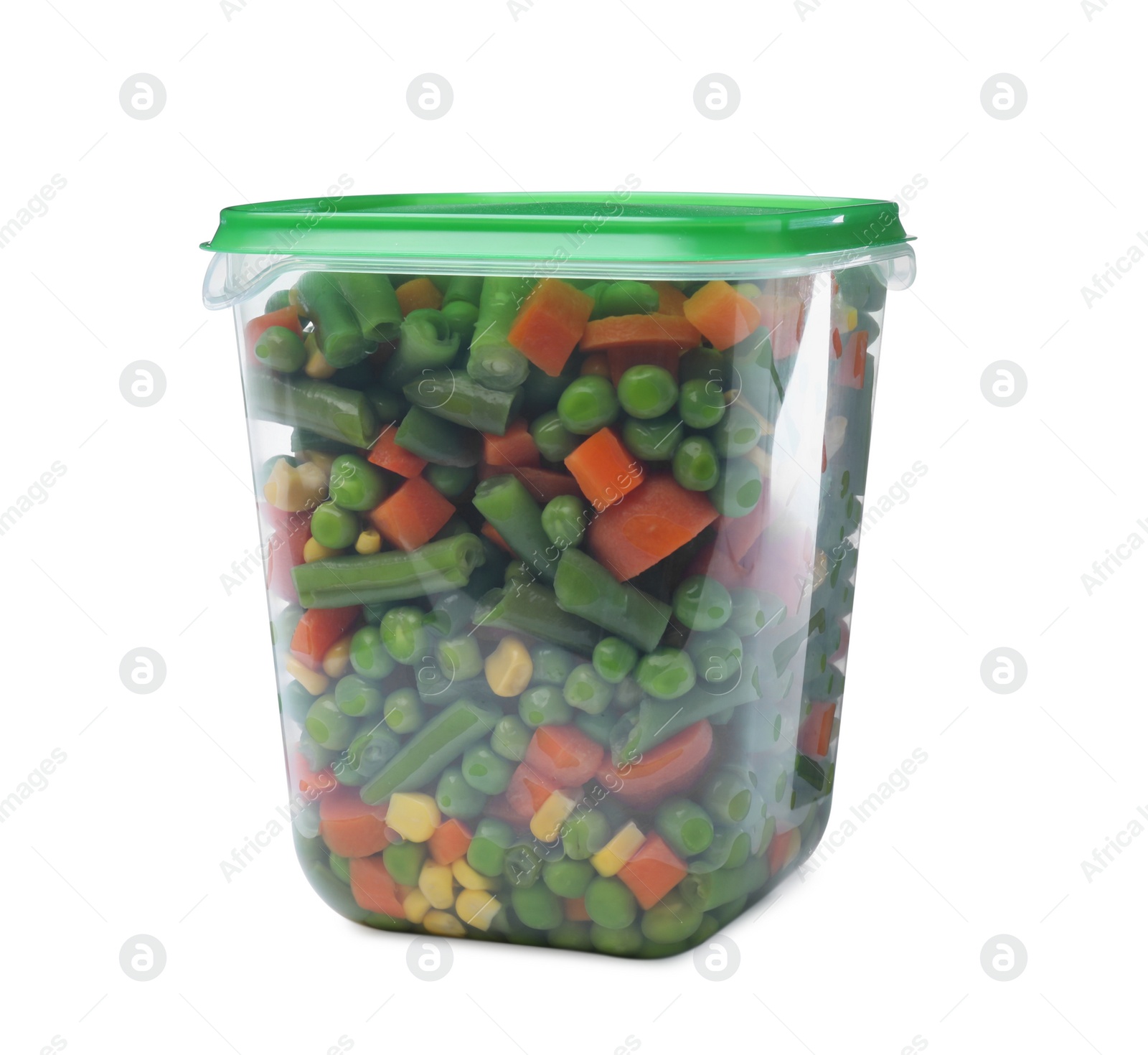 Photo of Mix of fresh vegetables in plastic container isolated on white