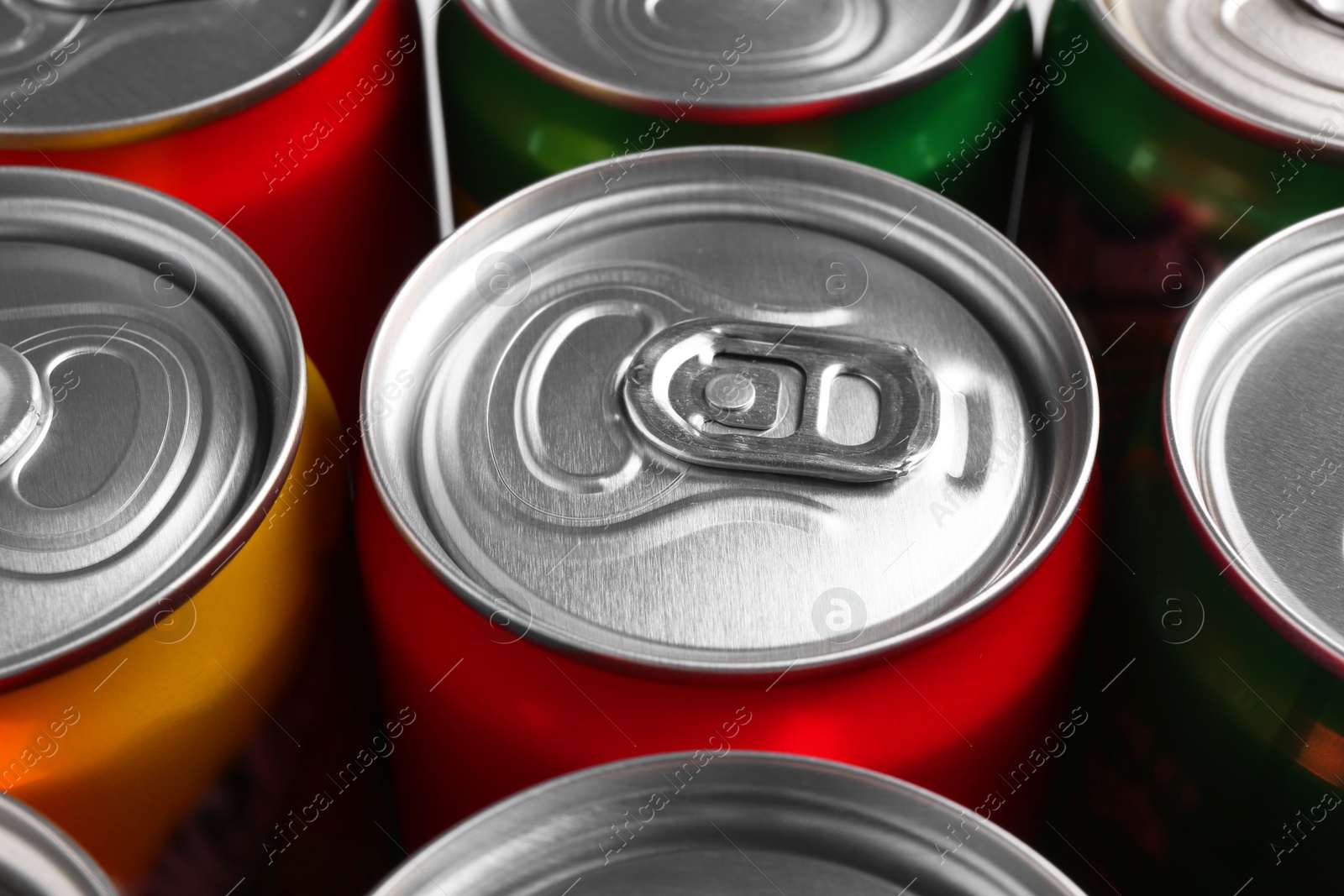 Photo of Energy drinks in cans, closeup. Functional beverage