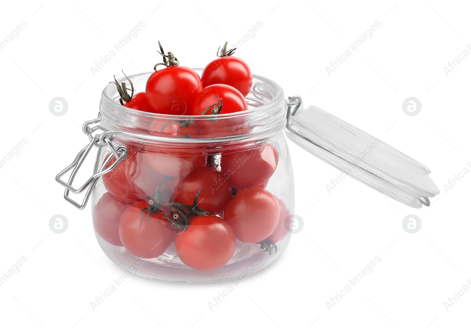 Photo of Pickling jar with fresh ripe cherry tomatoes isolated on white