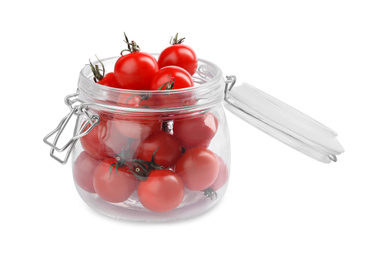 Photo of Pickling jar with fresh ripe cherry tomatoes isolated on white