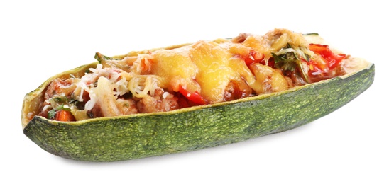 Delicious baked stuffed zucchini on white background