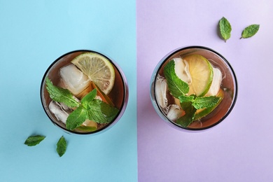 Photo of Glasses of refreshing iced tea on color background, top view