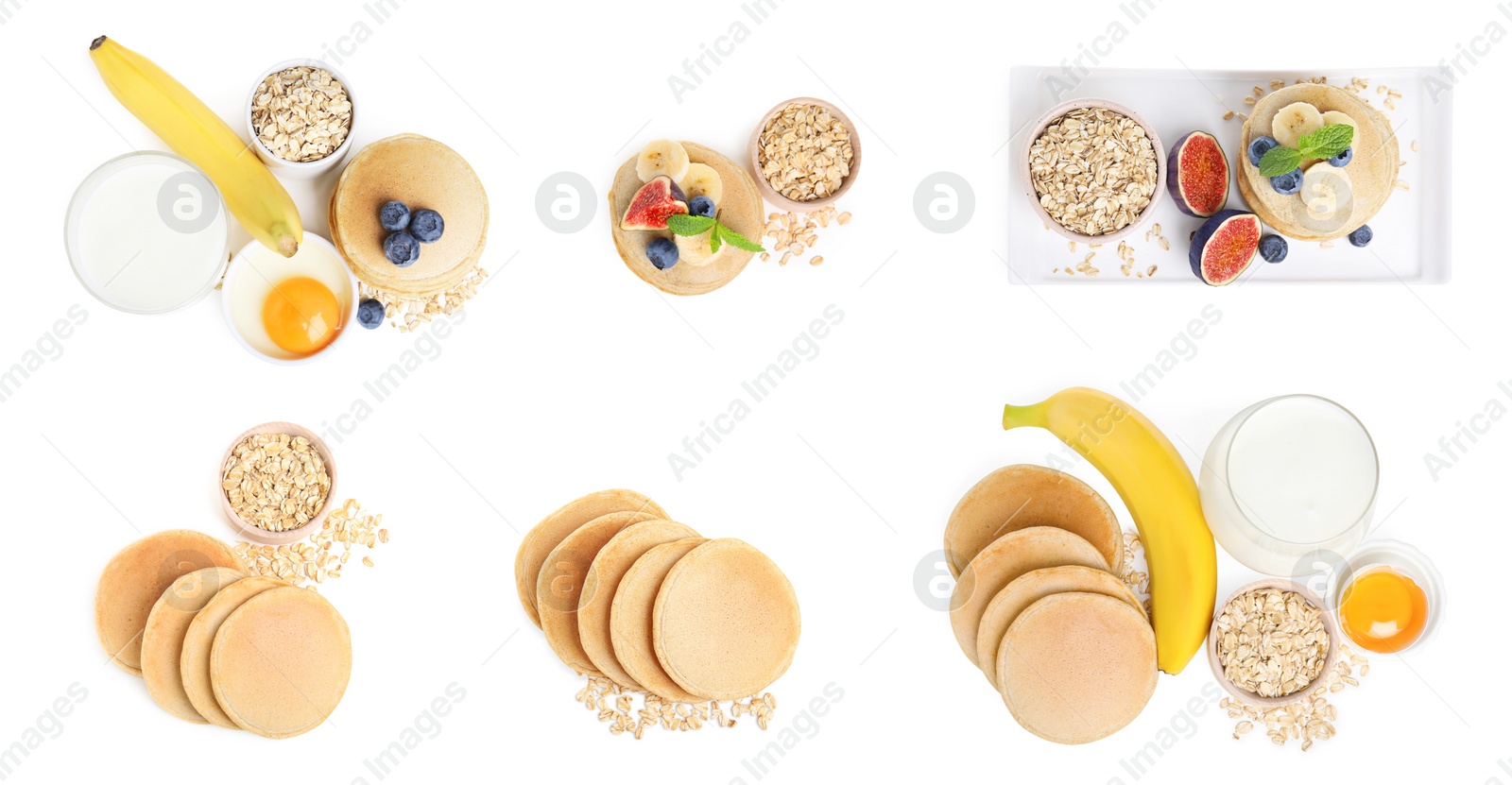 Image of Set with tasty oatmeal pancakes on white background, top view. Banner design