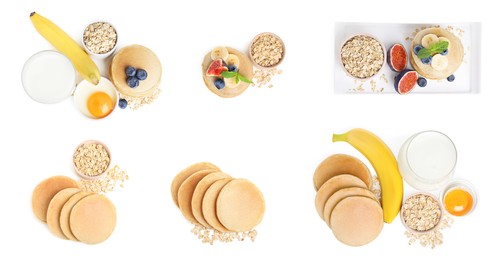 Image of Set with tasty oatmeal pancakes on white background, top view. Banner design