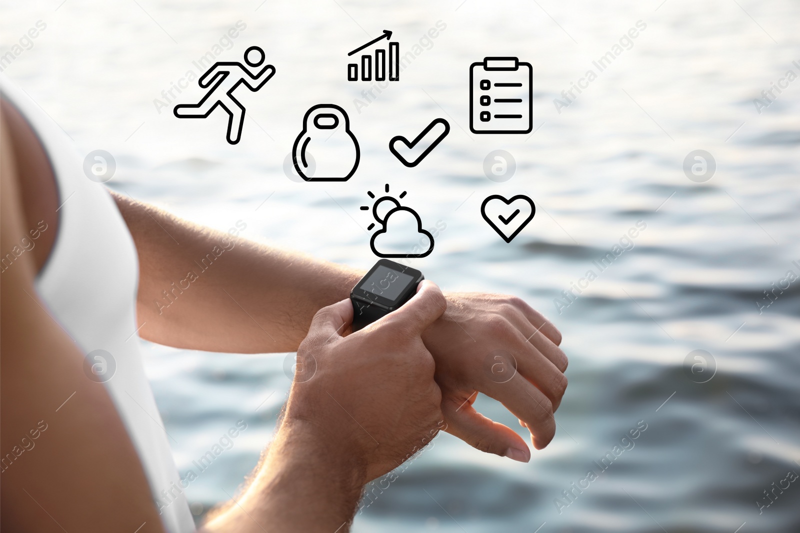 Image of Man checking fitness tracker after training near river, closeup