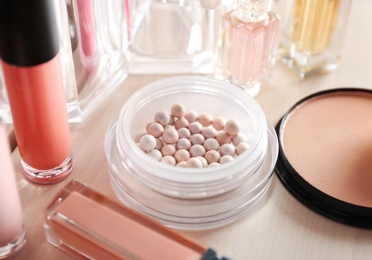 Set of luxury cosmetics on dressing table