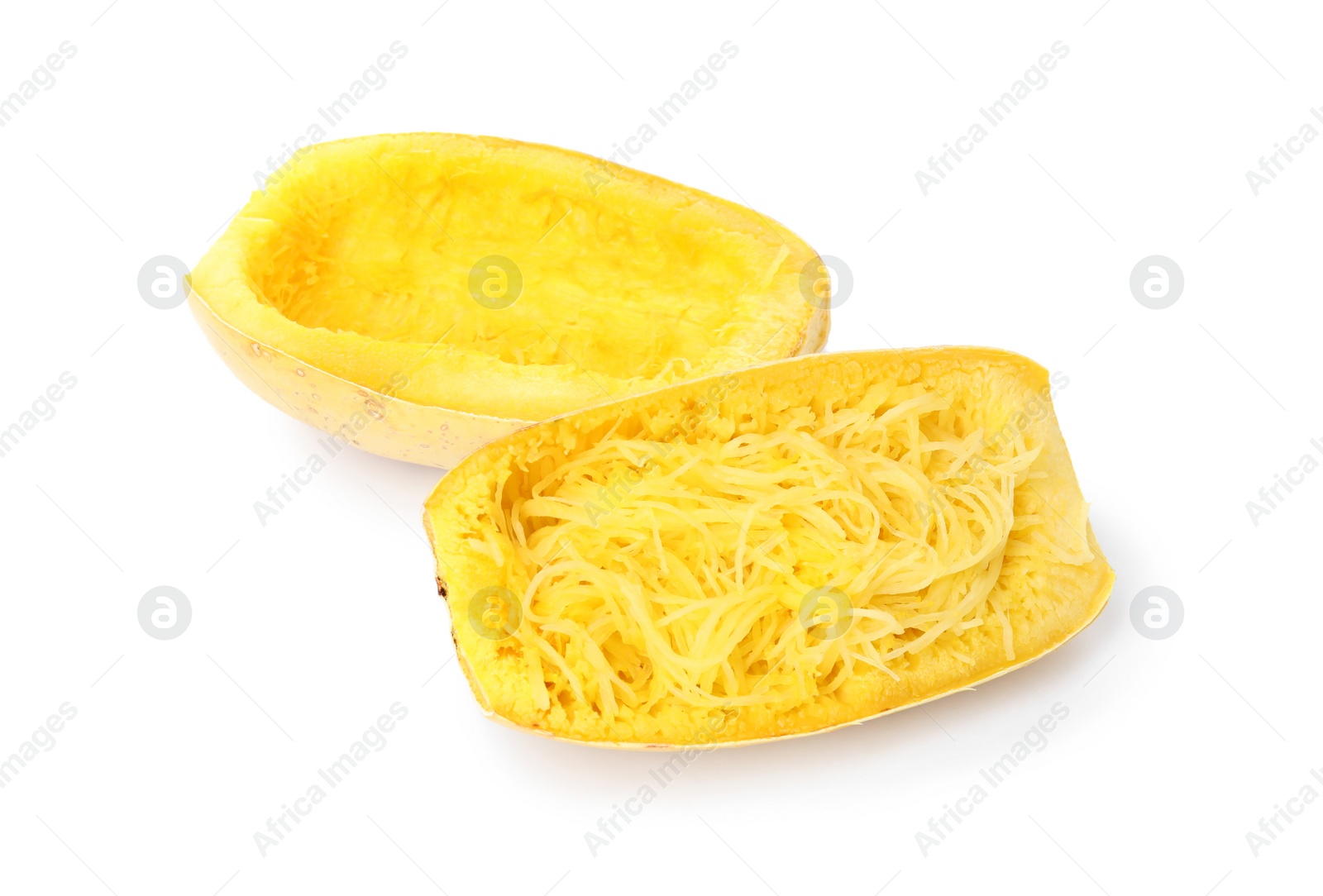 Photo of Cooked cut spaghetti squash on white background