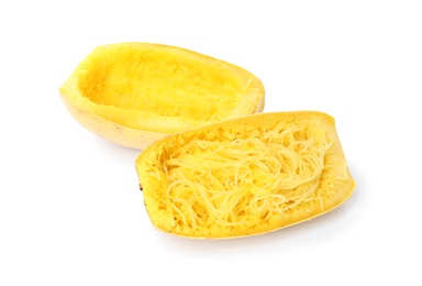 Photo of Cooked cut spaghetti squash on white background