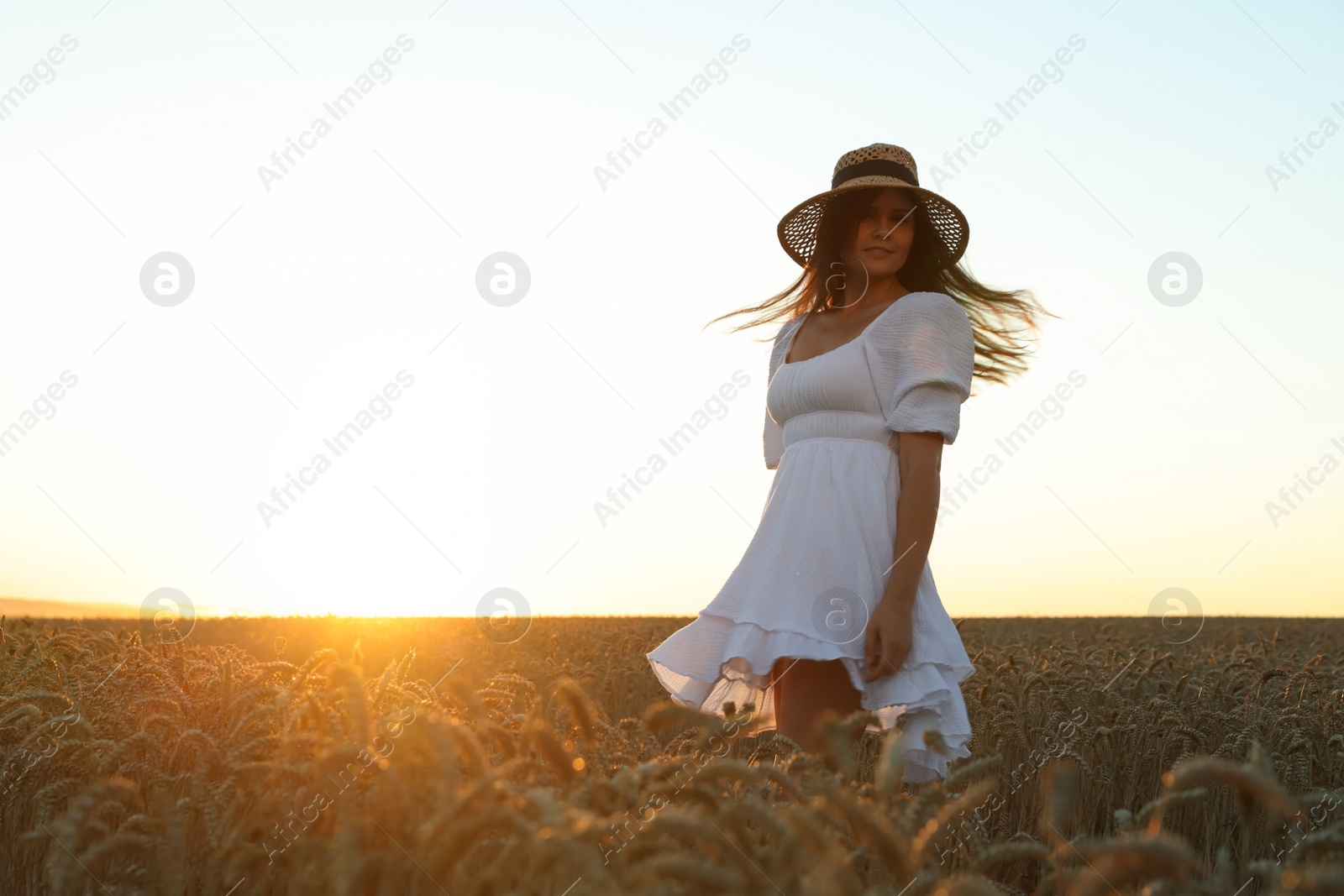 Photo of Beautiful young woman in ripe wheat field on sunny day, space for text