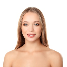 Portrait of beautiful young woman with natural makeup on white background