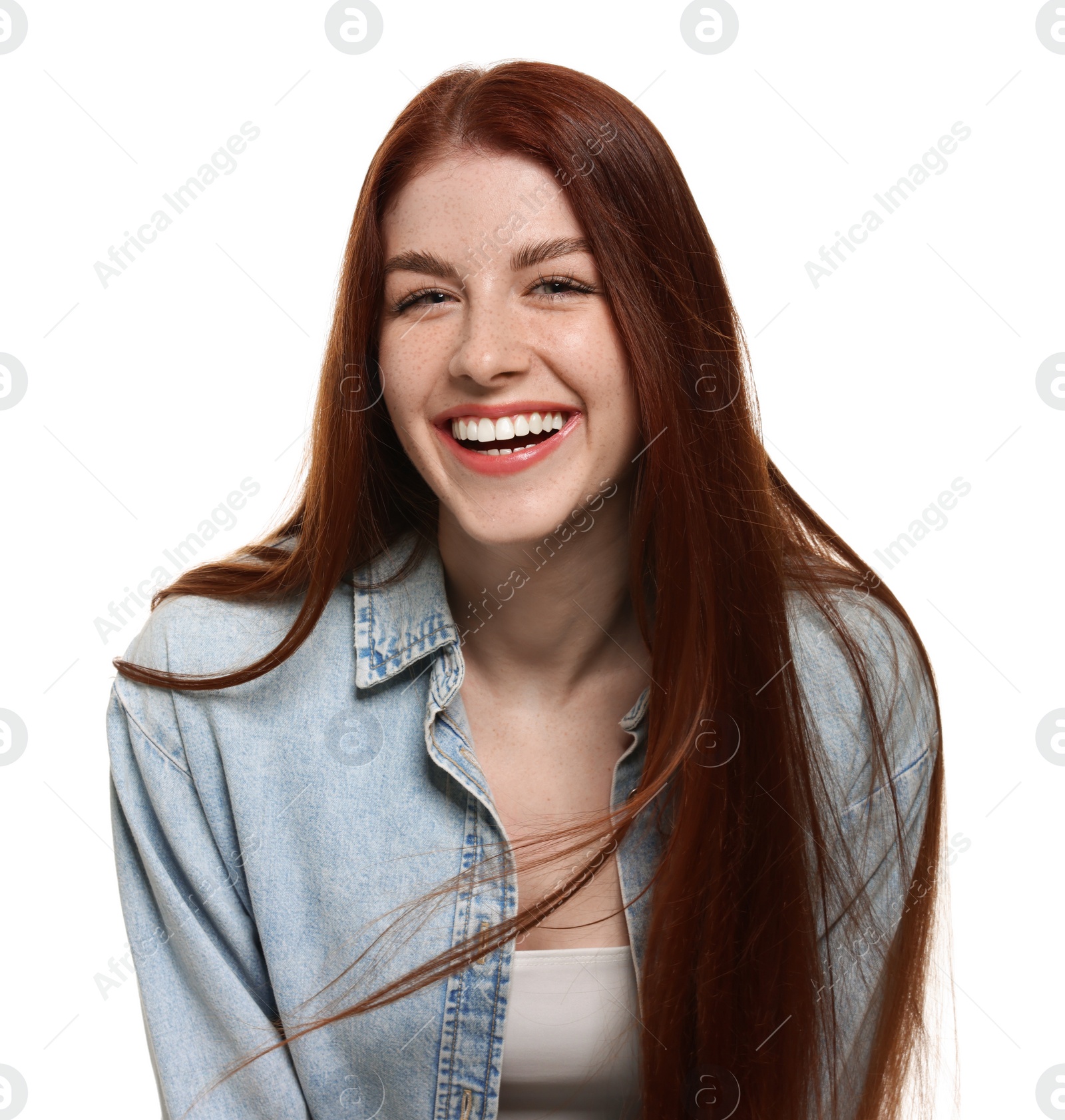 Photo of Portrait of smiling woman on white background