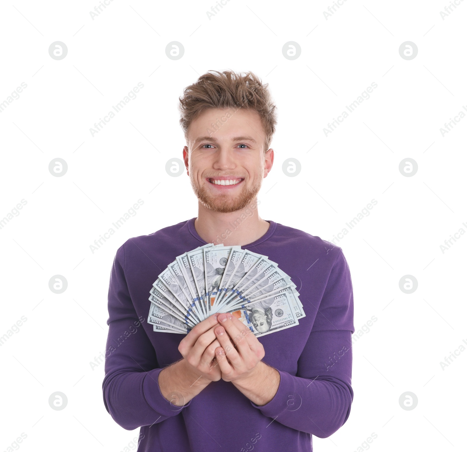 Photo of Happy young man with money on white background