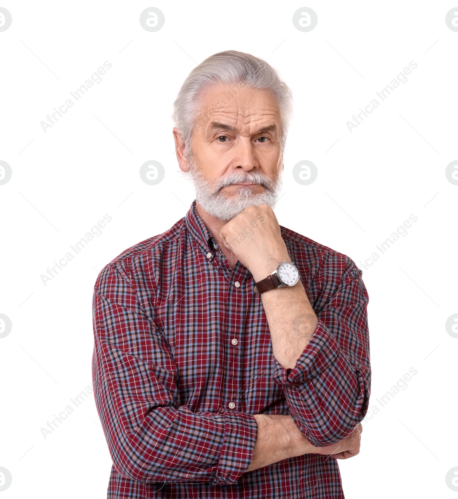 Photo of Portrait of stylish grandpa on white background