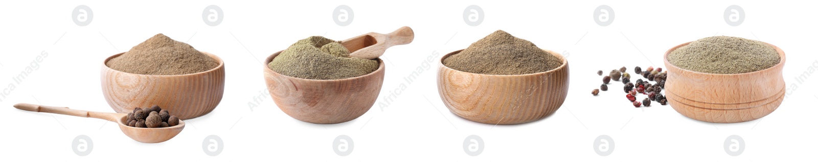 Image of Set with different pepper powders on white background. Banner design 