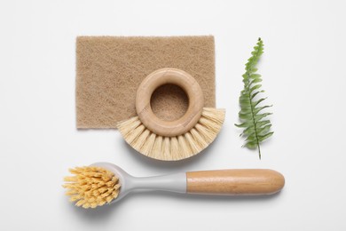 Photo of Cleaning brushes, sponge and fern leaf on white background, flat lay