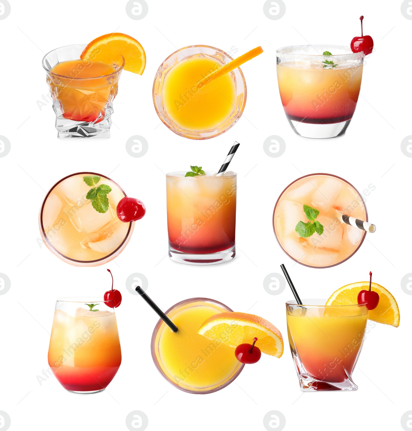 Image of Set of Tequila Sunrise cocktails on white background