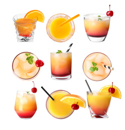 Image of Set of Tequila Sunrise cocktails on white background