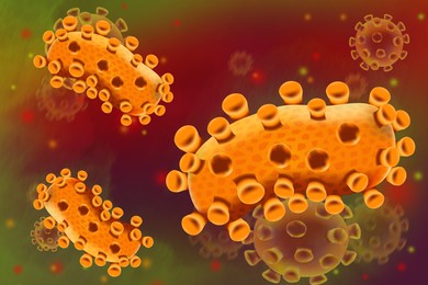 Abstract illustration of monkeypox virus on color background. Dangerous disease