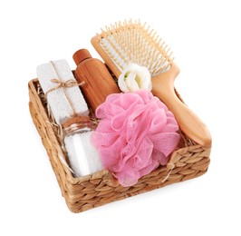 Spa gift set with different products in wicker box on white background