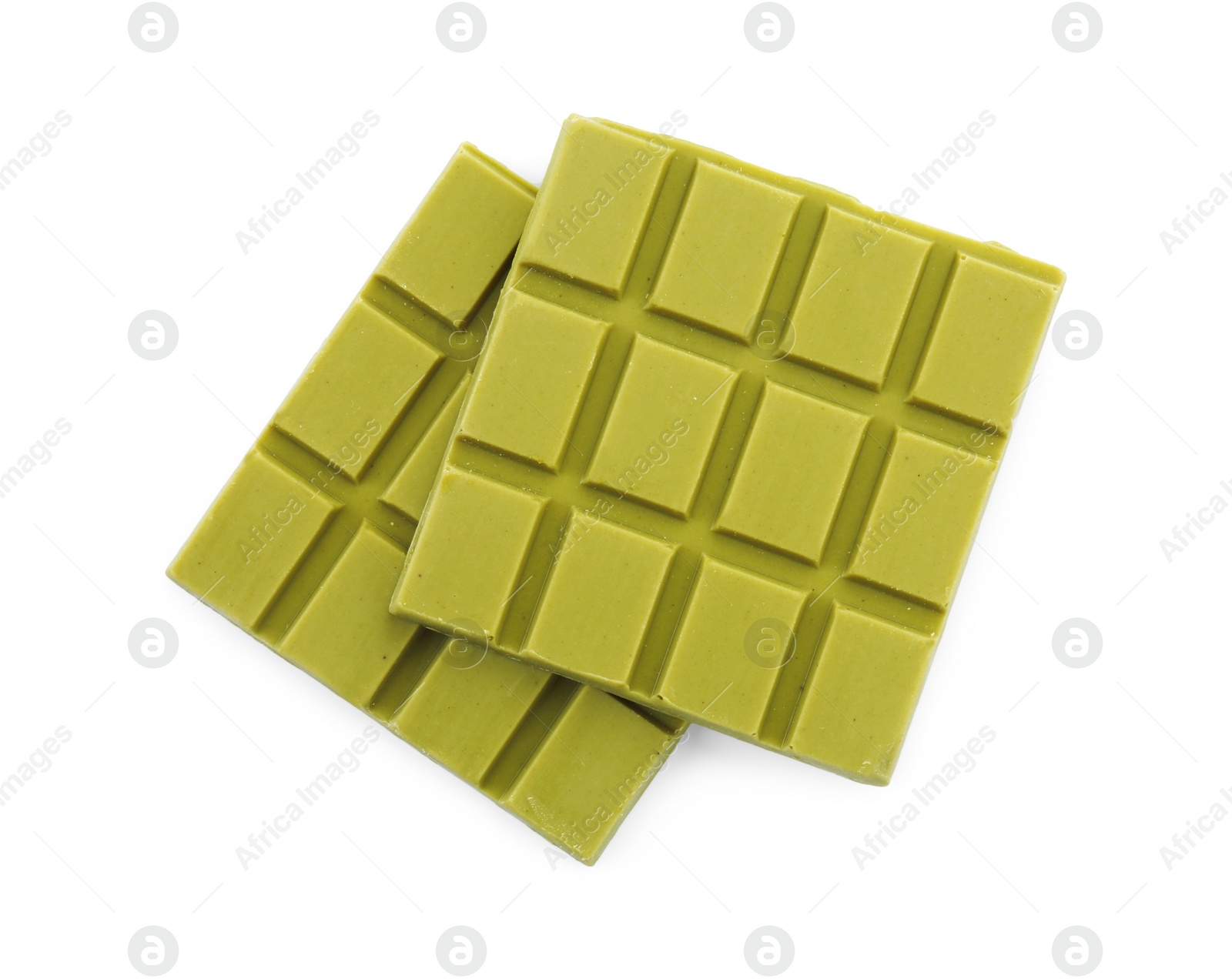 Photo of Pieces of tasty matcha chocolate bar isolated on white, top view