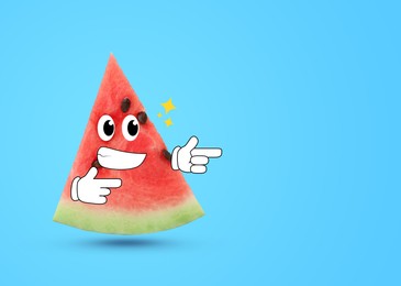Creative artwork. Happy watermelon making finger gun gesture, space for text. Slice of fruit with drawings on light blue background