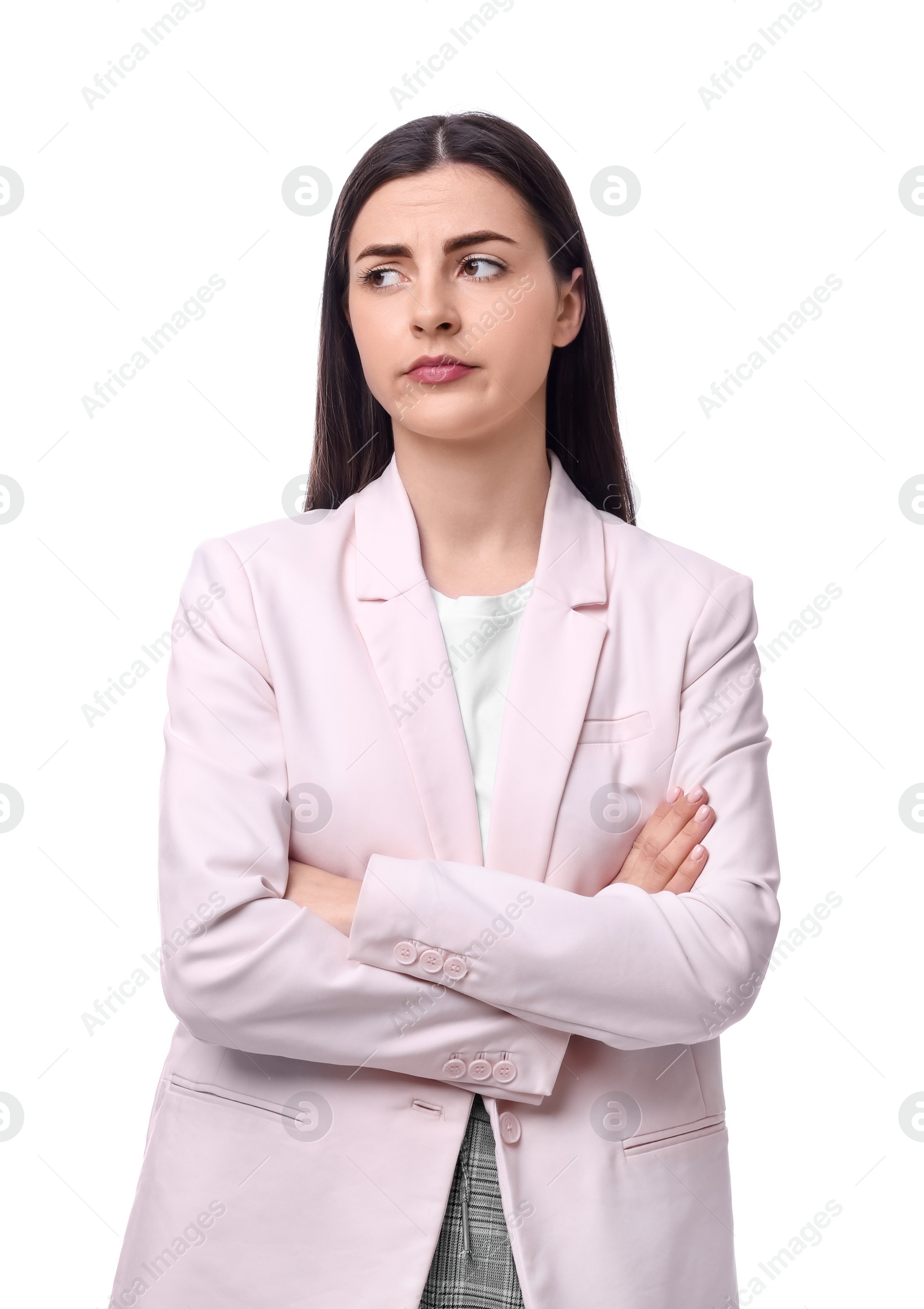 Photo of Beautiful young businesswoman crossing arms on white background