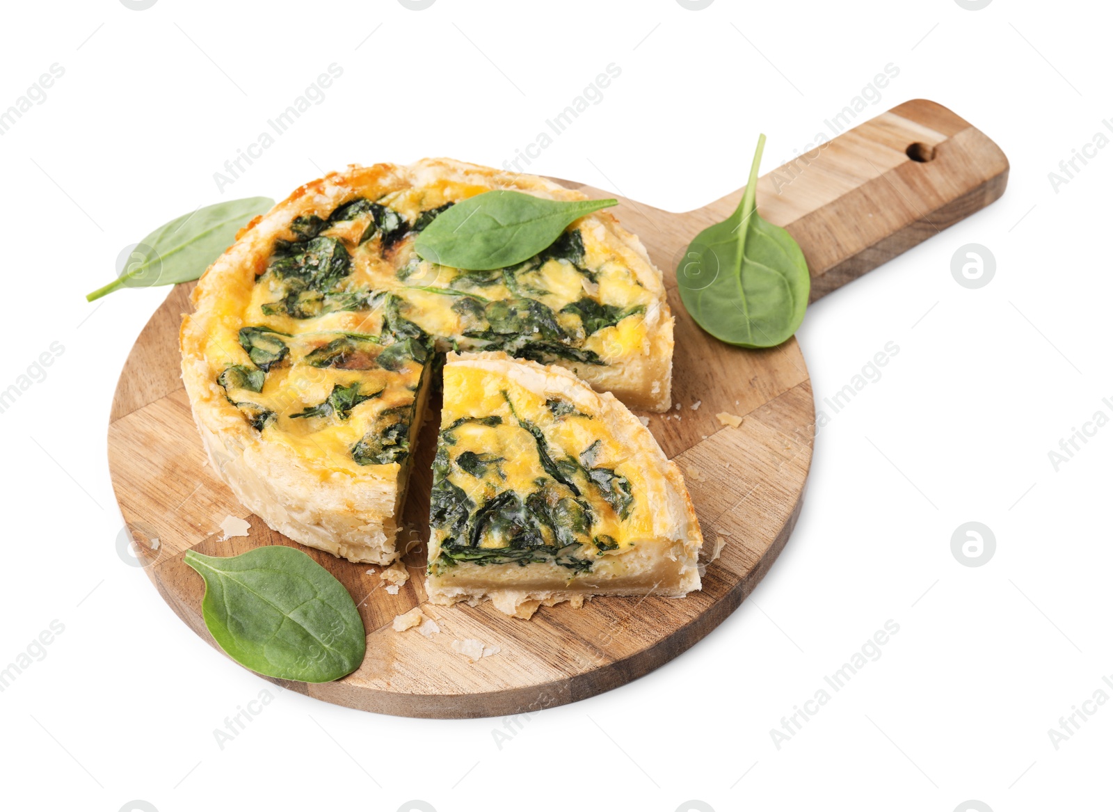 Photo of Delicious pie with spinach isolated on white