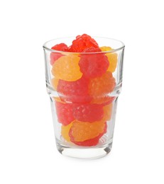 Photo of Delicious gummy raspberry candies in glass on white background