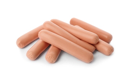 Photo of Tasty sausages on white background. Meat product