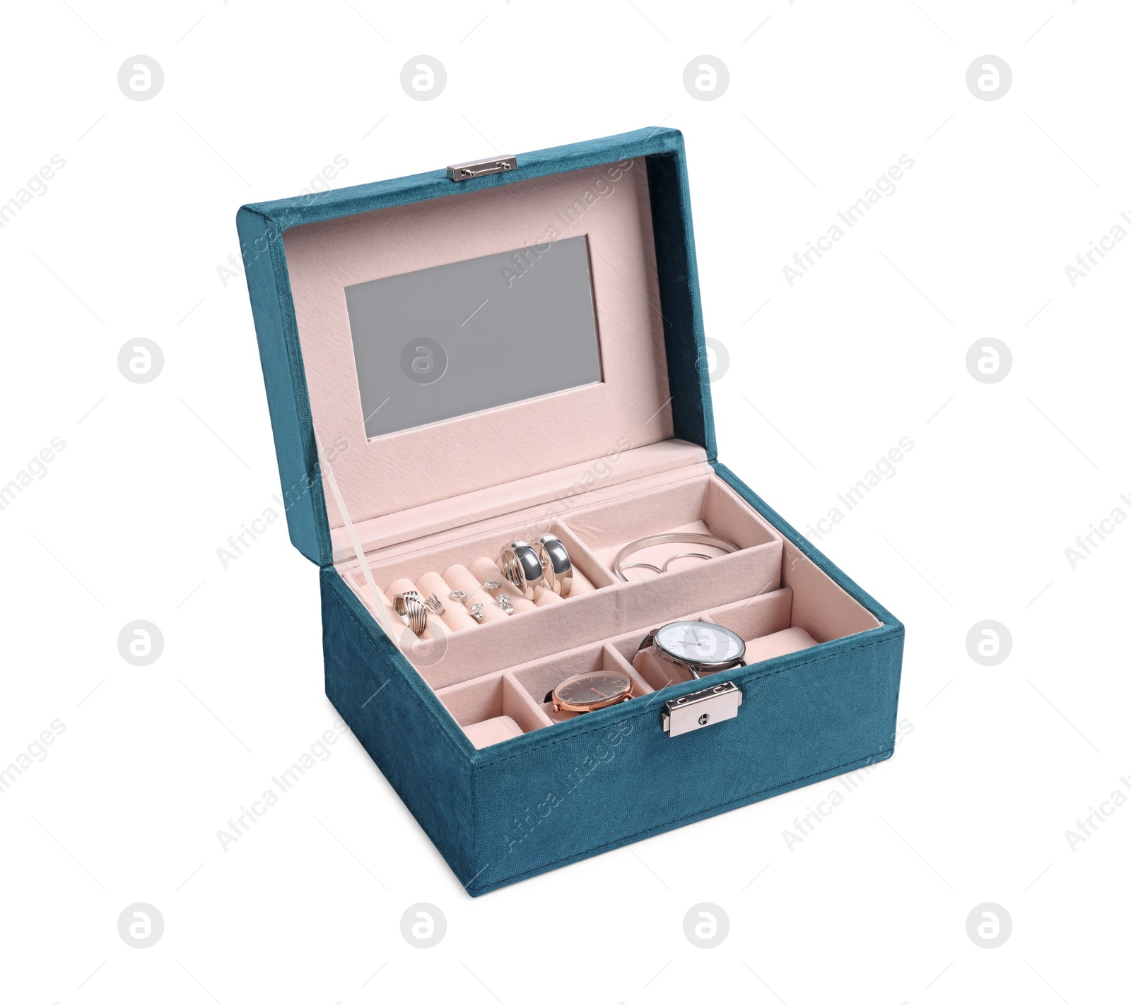 Photo of Jewelry box with mirror, many different silver accessories and wristwatches isolated on white